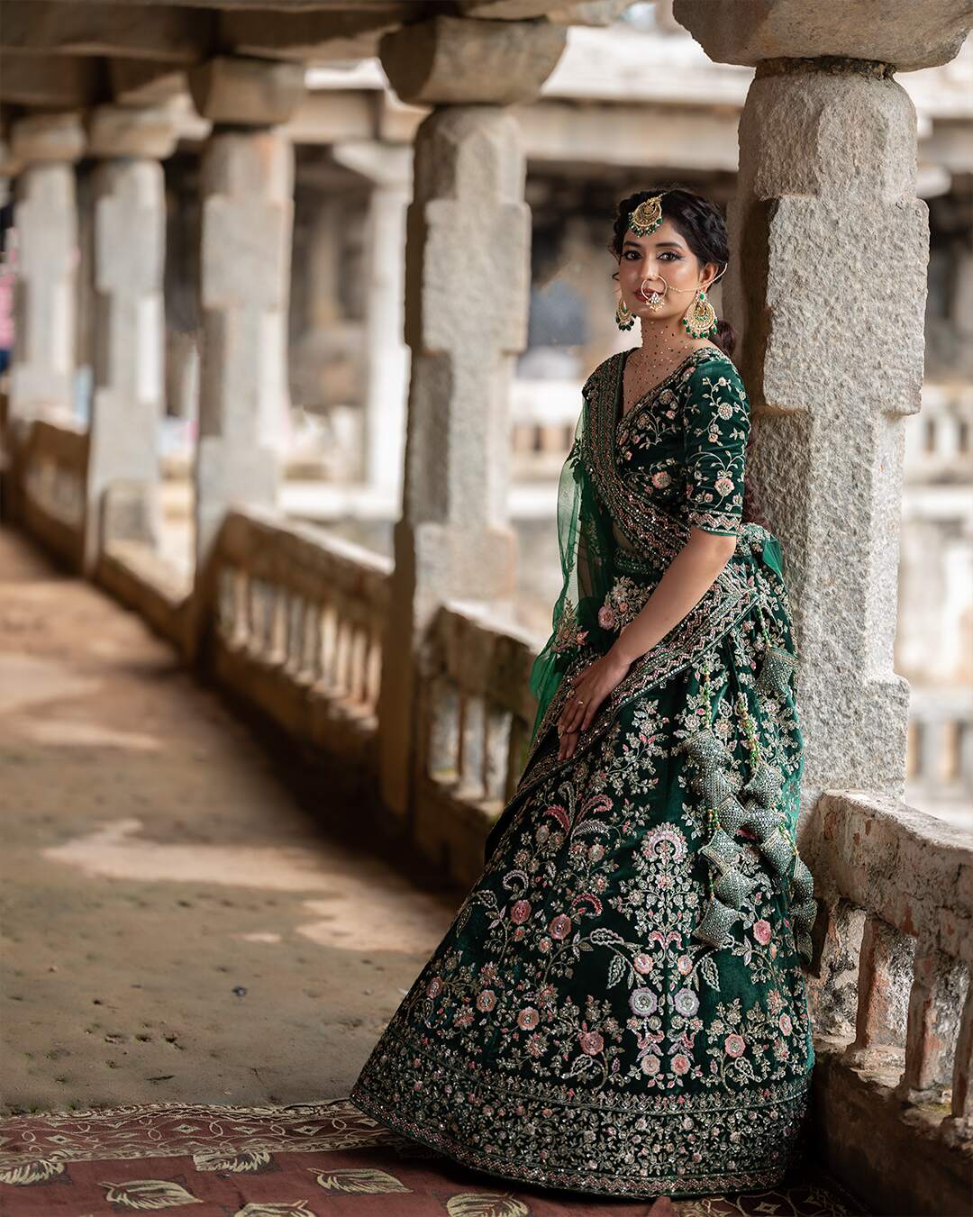 Bottle Green Velvet Mehndi Lehenga Set With Floral Hand Embroidery