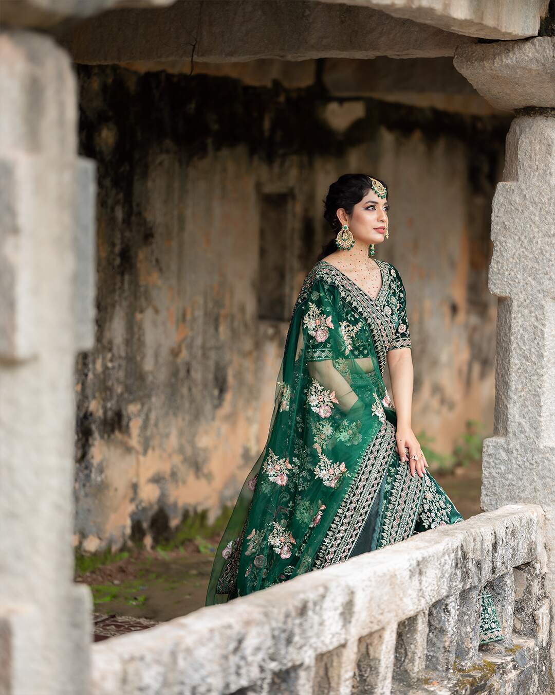 Bottle Green Velvet Mehndi Lehenga Set With Floral Hand Embroidery