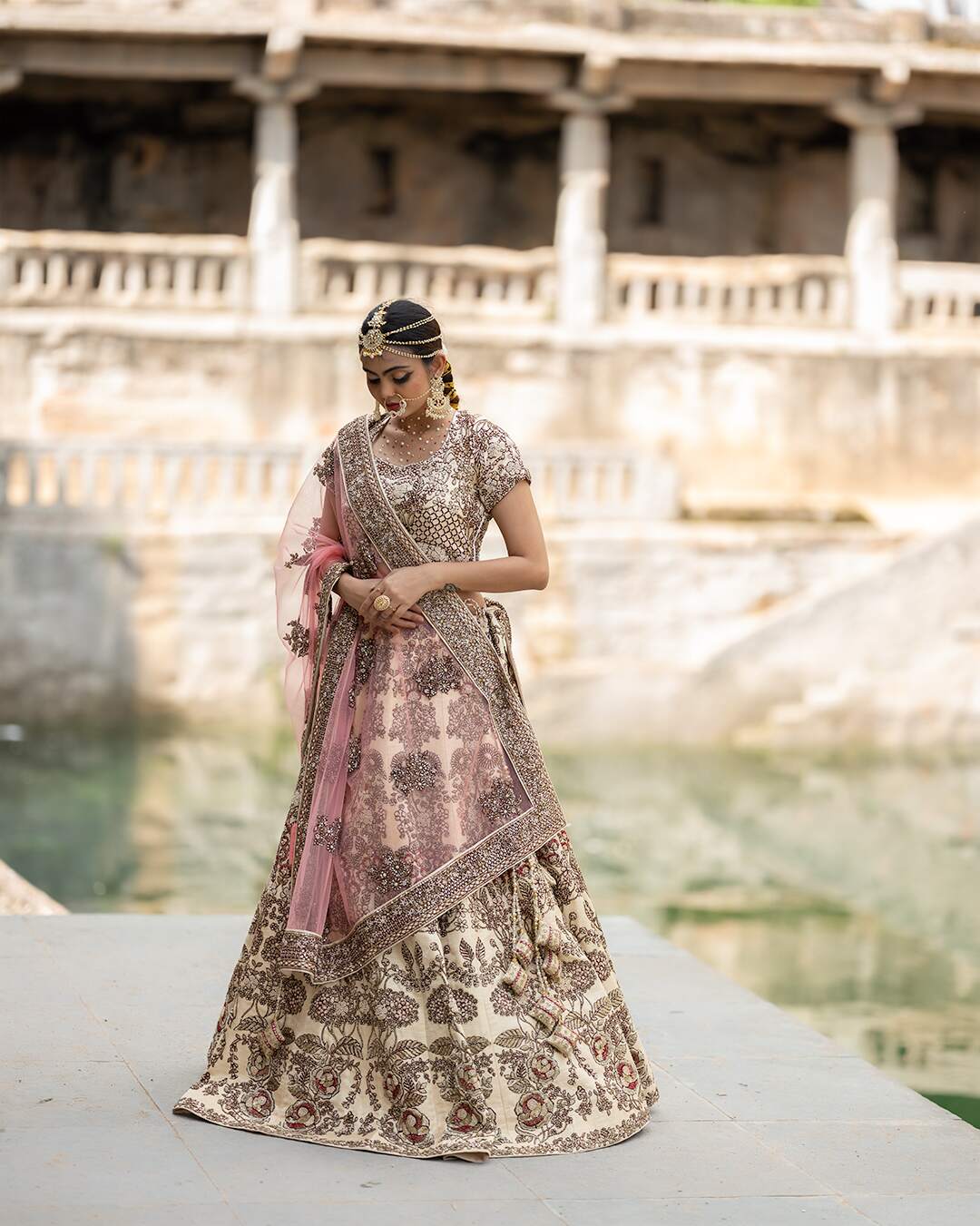 Cream and Maroon Bridal Lehenga Set With Floral Hand Embroidery