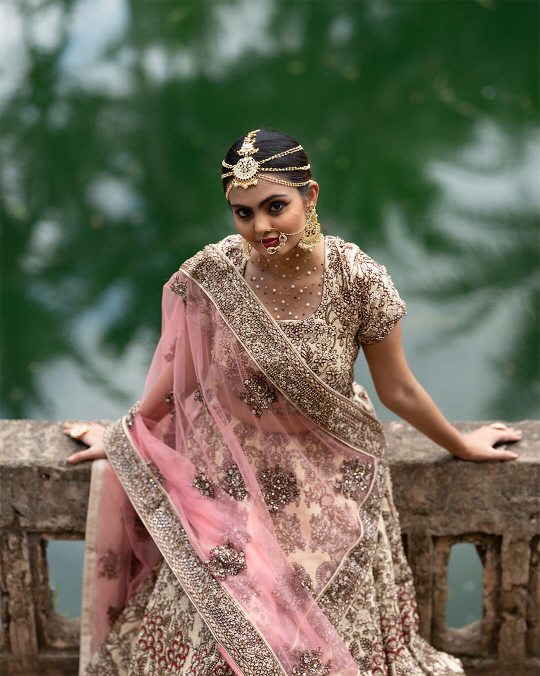 Cream and Maroon Bridal Lehenga Set With Floral Hand Embroidery