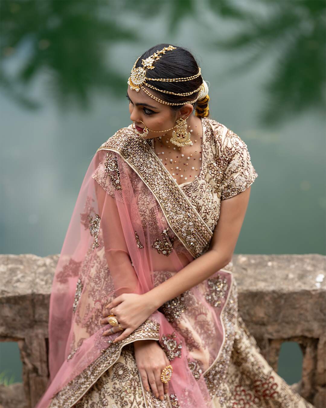 Cream and Maroon Bridal Lehenga Set With Floral Hand Embroidery