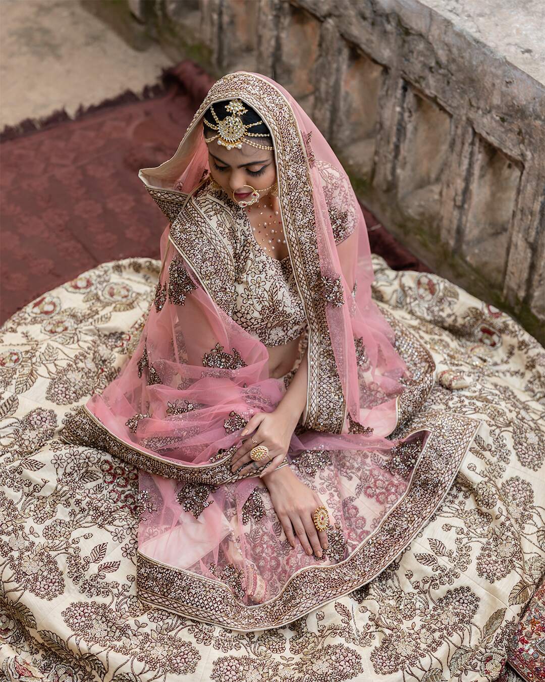 Cream and Maroon Bridal Lehenga Set With Floral Hand Embroidery