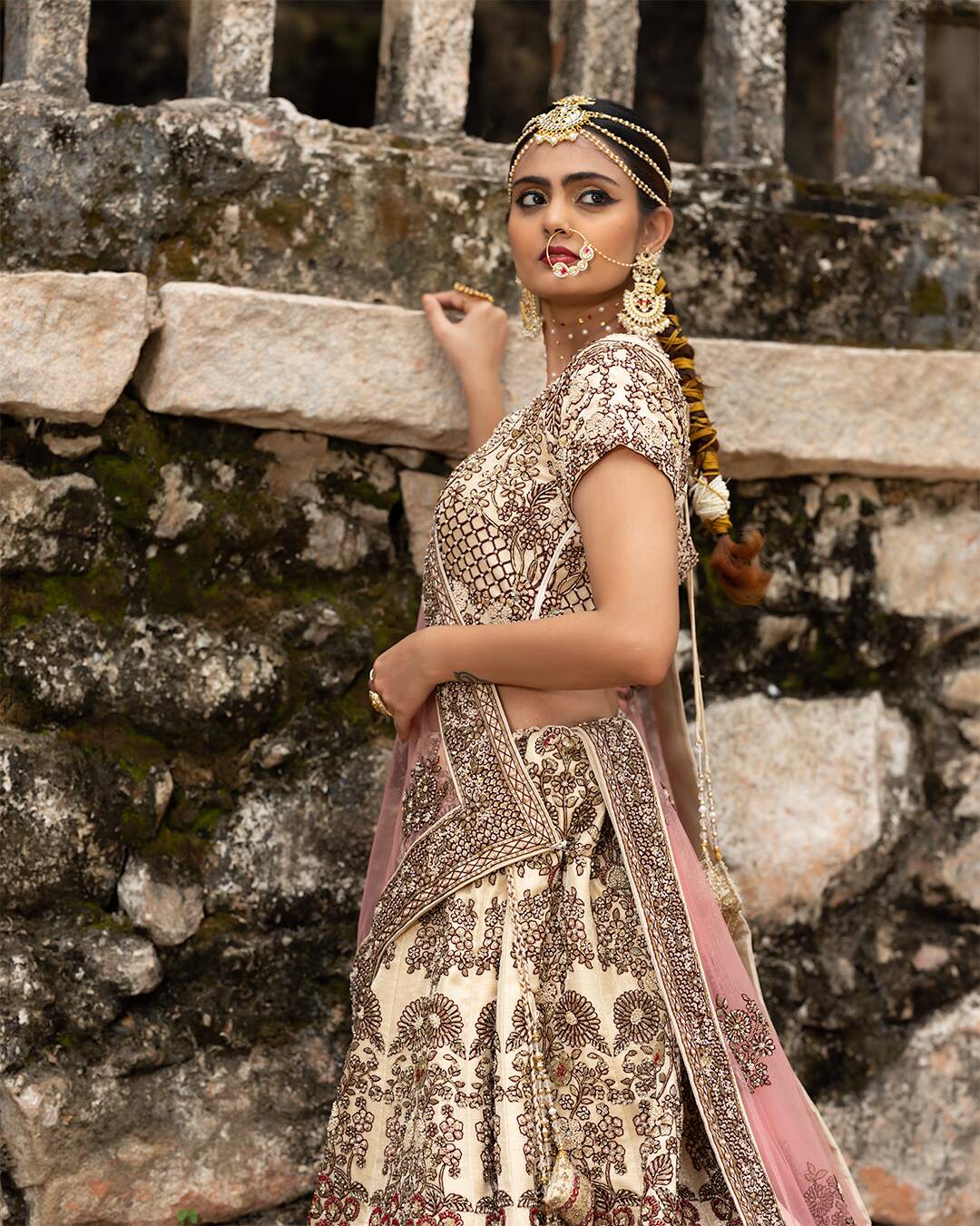 Cream and Maroon Bridal Lehenga Set With Floral Hand Embroidery