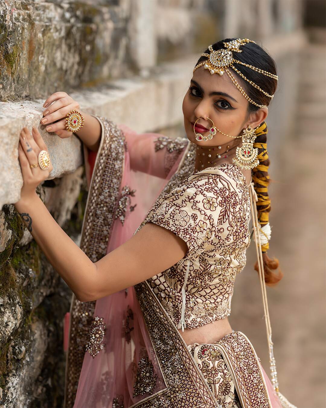 Cream and Maroon Bridal Lehenga Set With Floral Hand Embroidery