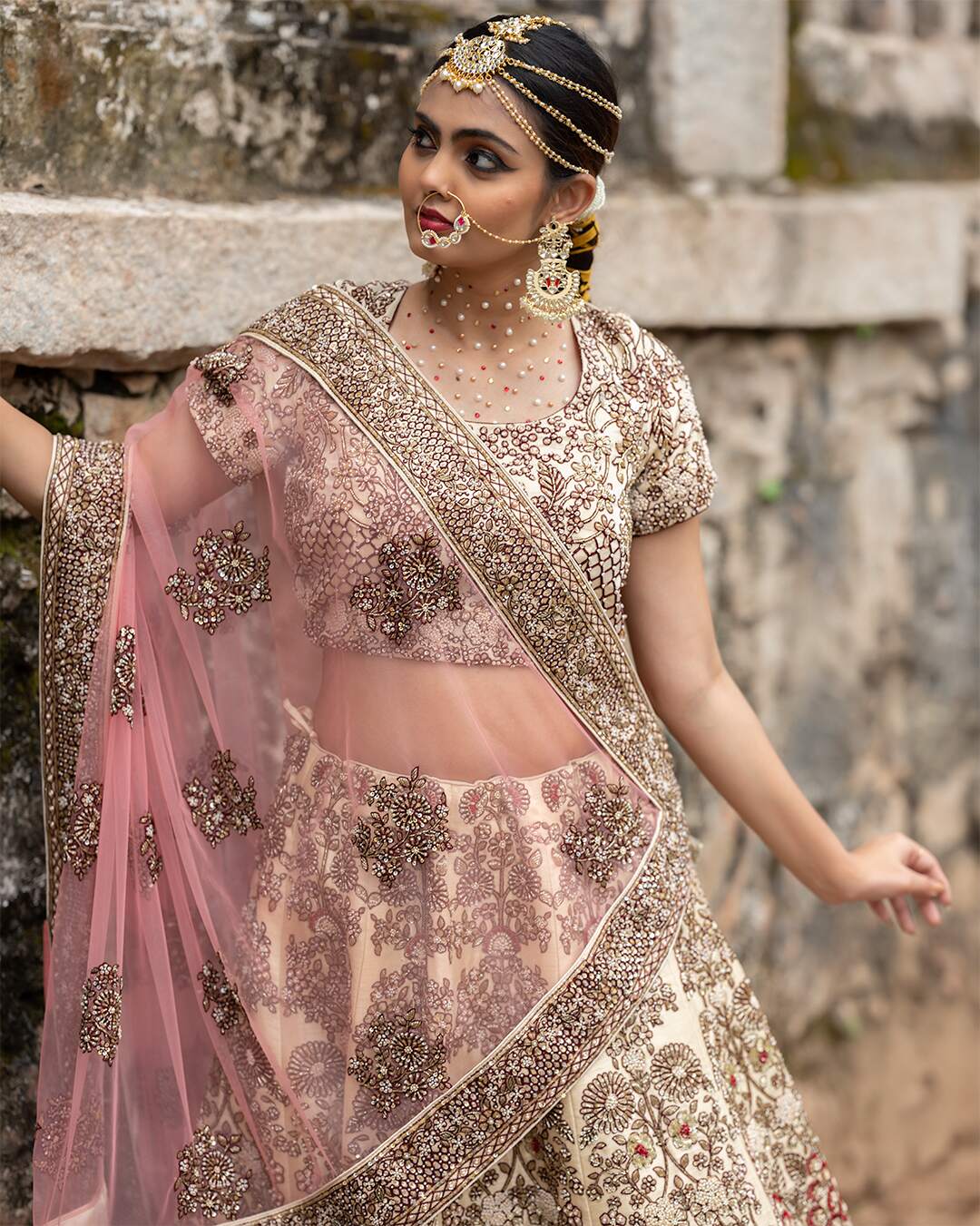Cream and Maroon Bridal Lehenga Set With Floral Hand Embroidery