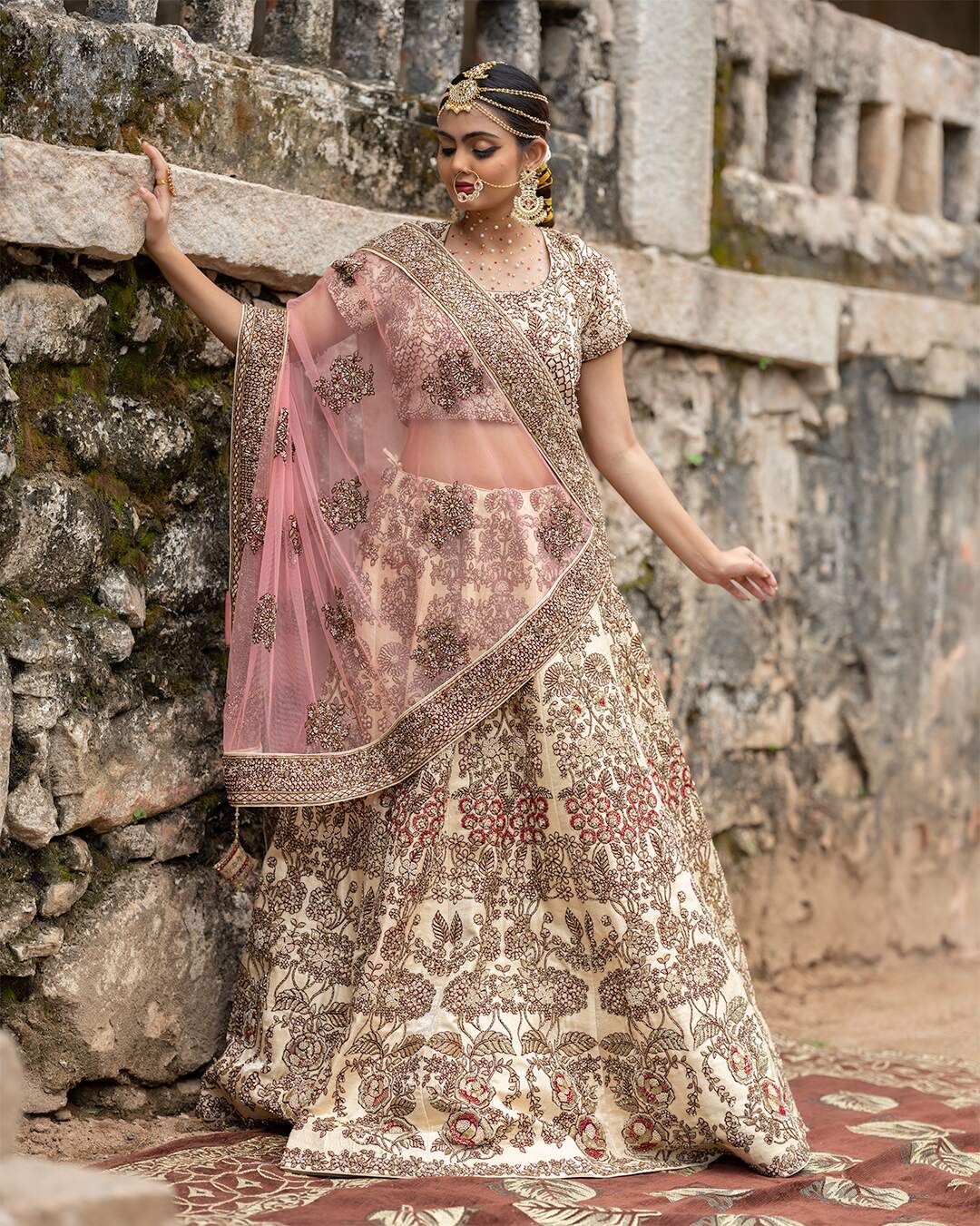 Cream and Maroon Bridal Lehenga Set With Floral Hand Embroidery
