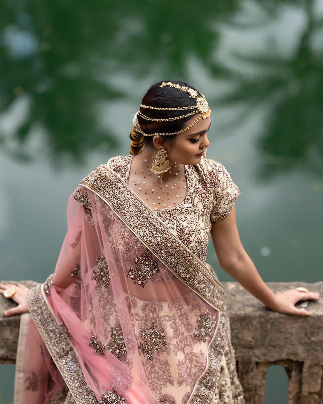 Cream and Maroon Bridal Lehenga Set With Floral Hand Embroidery