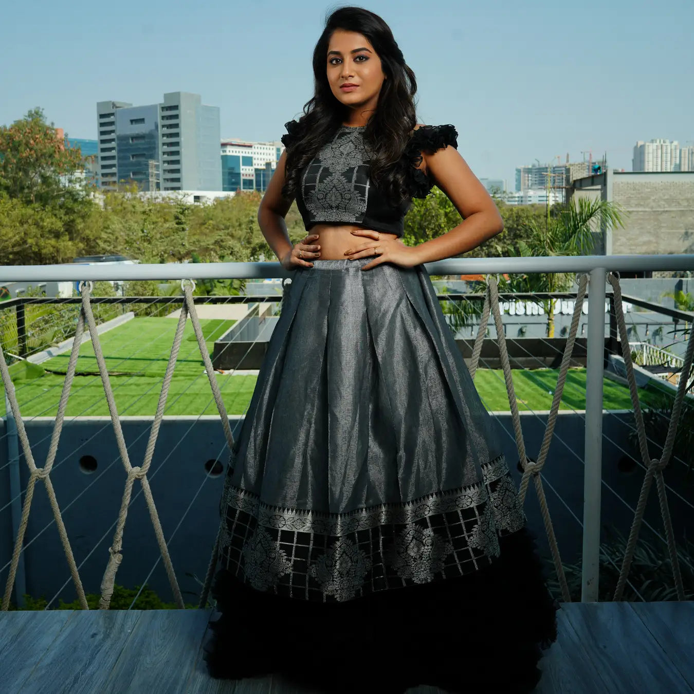 Contemporary Black and Grey Crop Top Set