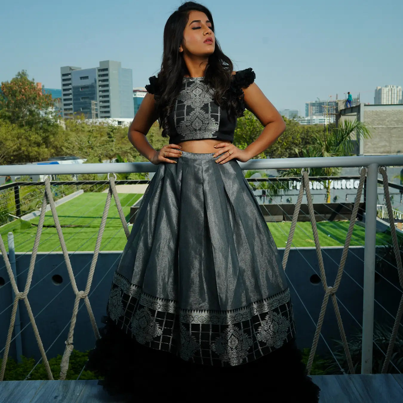 Contemporary Black and Grey Crop Top Set