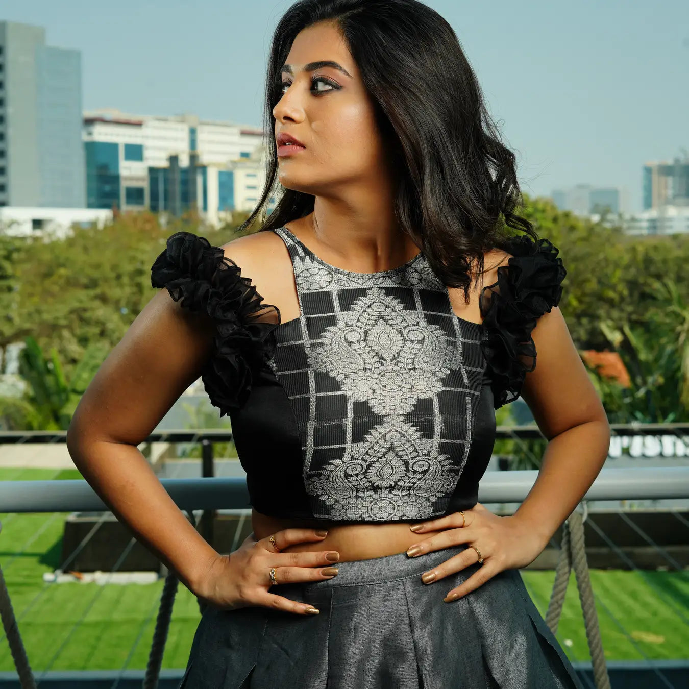 Contemporary Black and Grey Crop Top Set