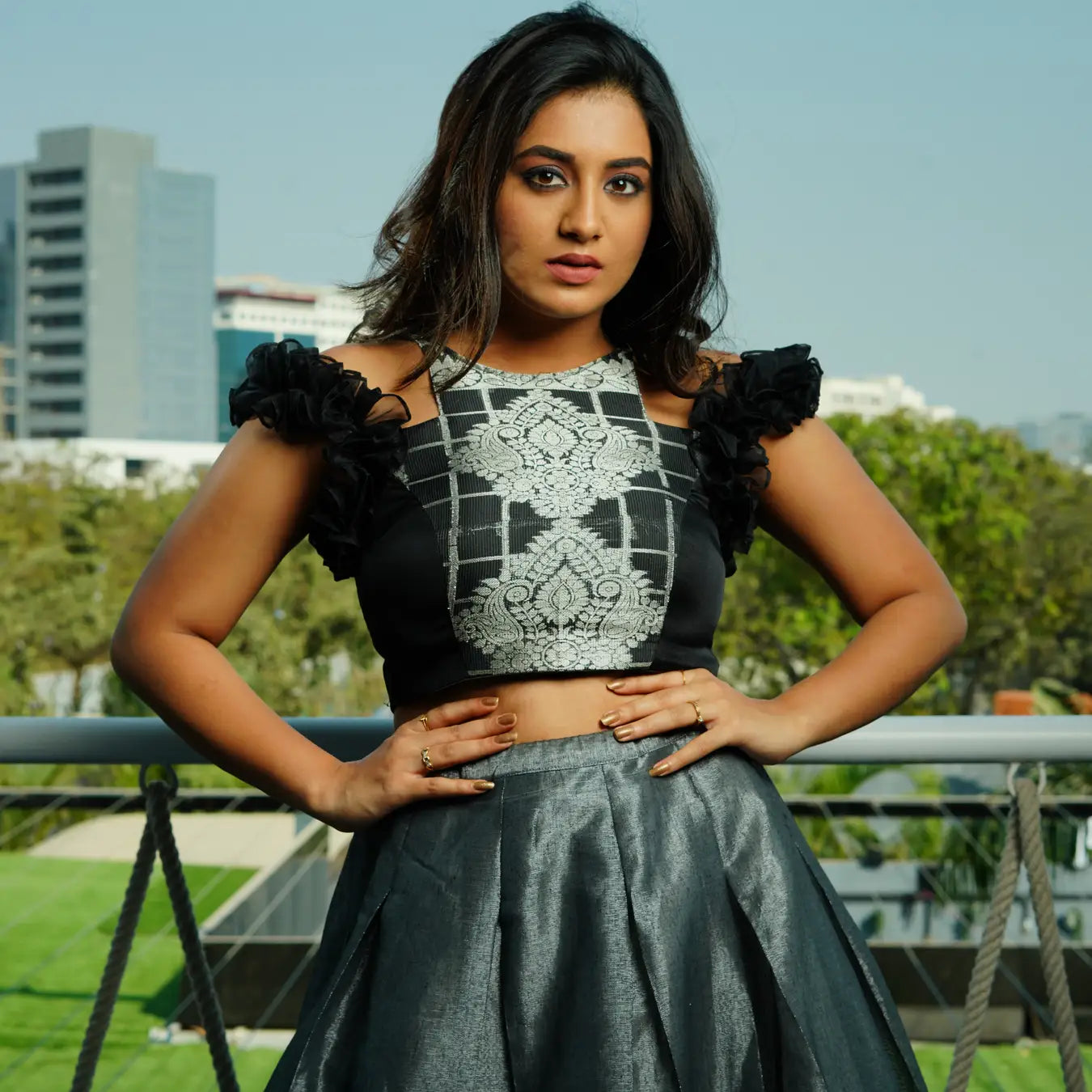 Contemporary Black and Grey Crop Top Set