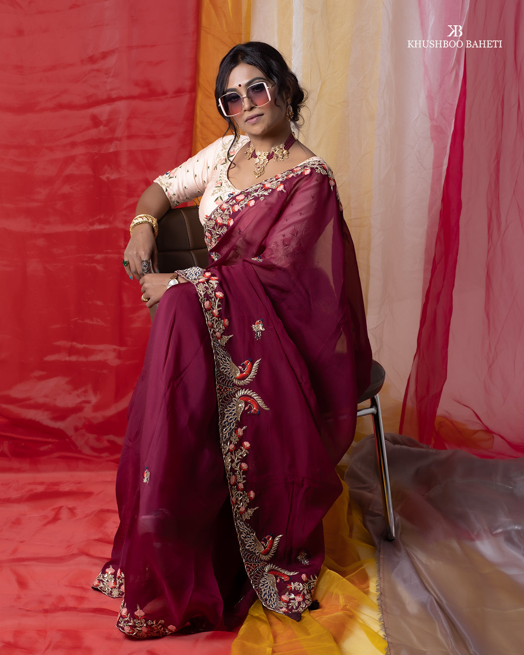 Wine Color Saree and Peach Blouse With Zardozi Embroidery