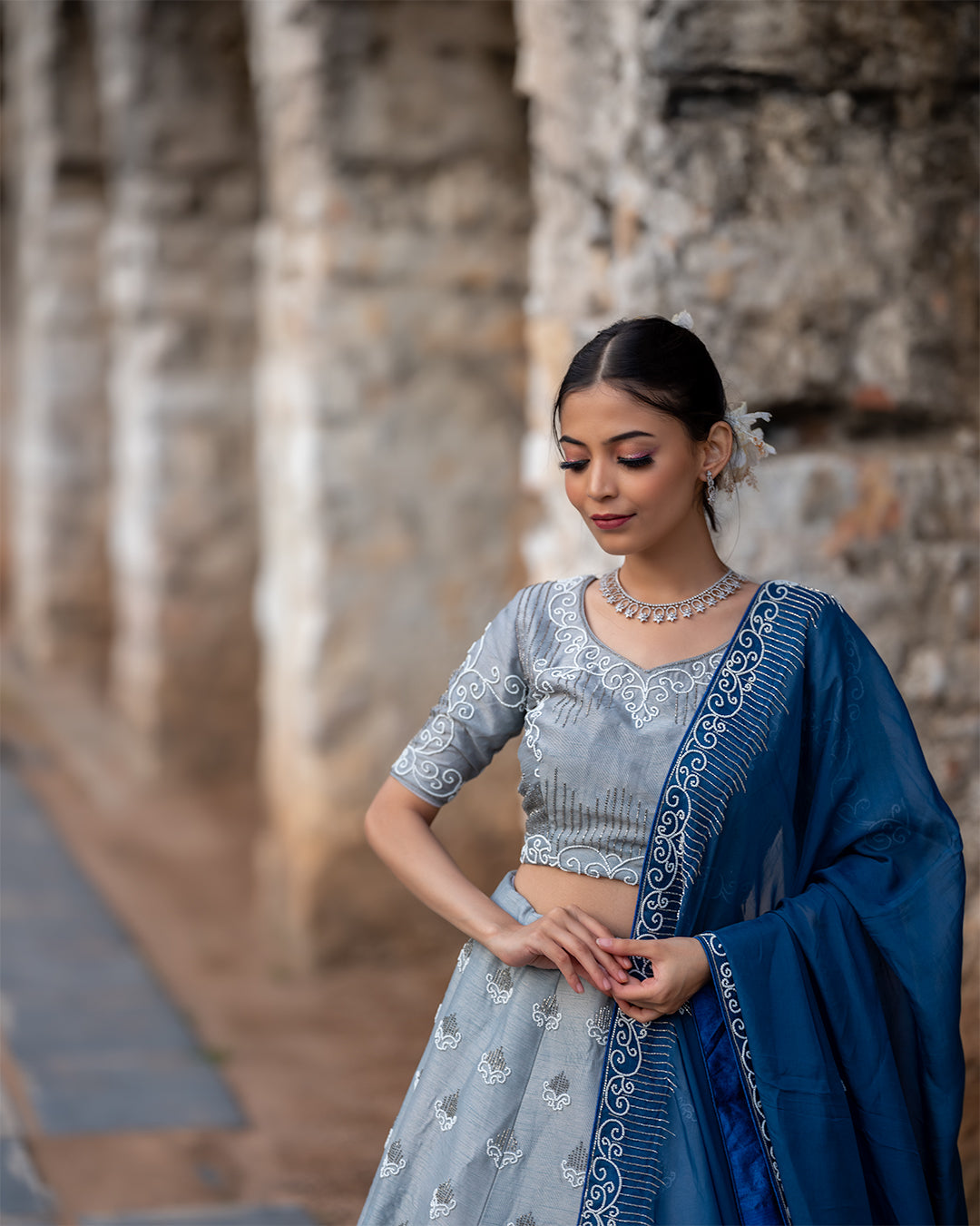 Hand Crafted Grey and Blue Pearl Embroidery Lehenga Set