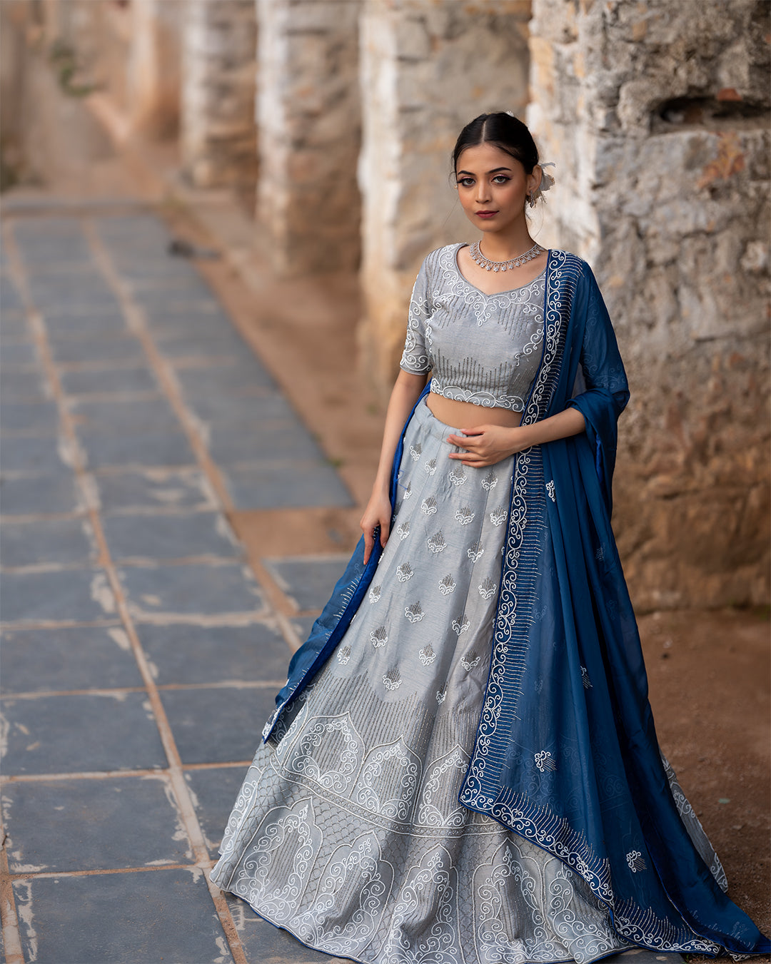 Hand Crafted Grey and Blue Pearl Embroidery Lehenga Set