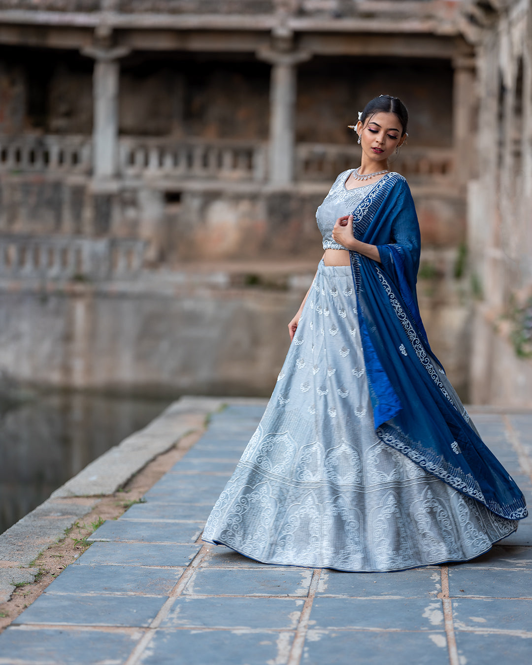 Hand Crafted Grey and Blue Pearl Embroidery Lehenga Set