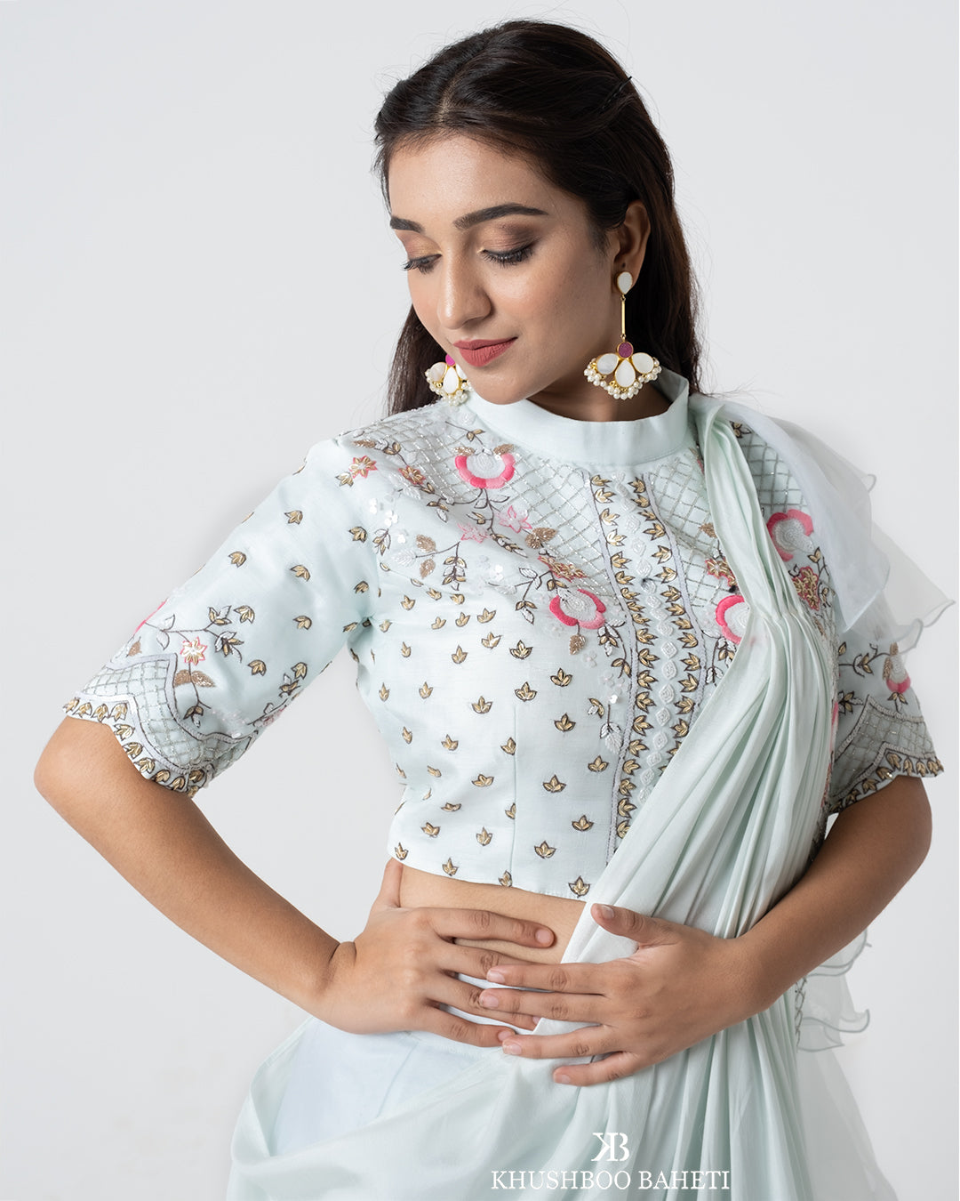 Ice Blue Hand Embroidered Drape Lehenga Set