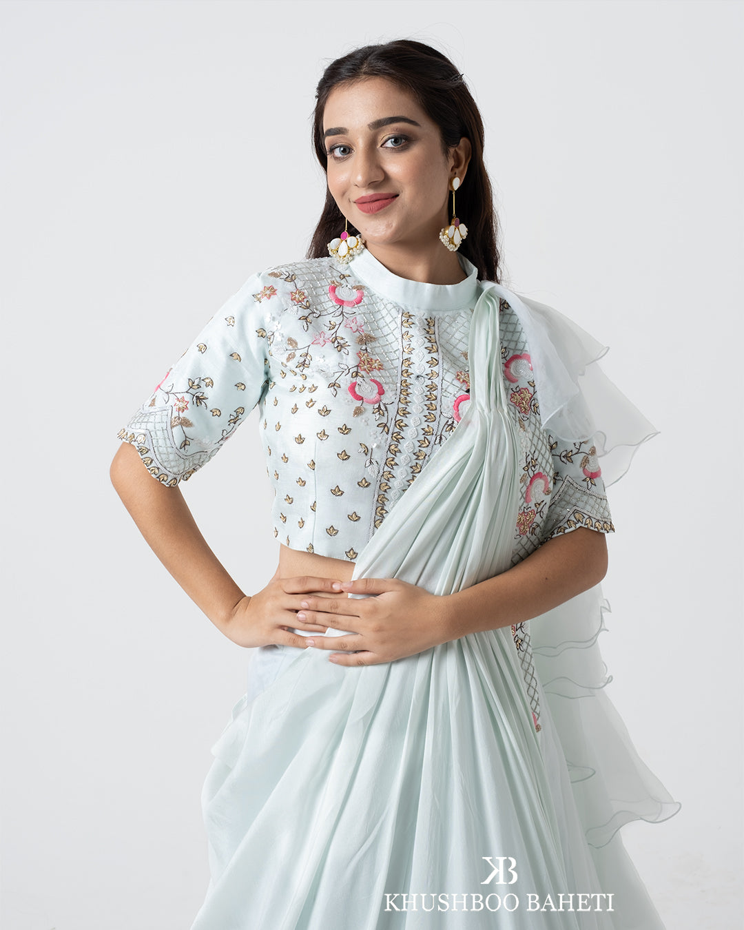 Ice Blue Hand Embroidered Drape Lehenga Set