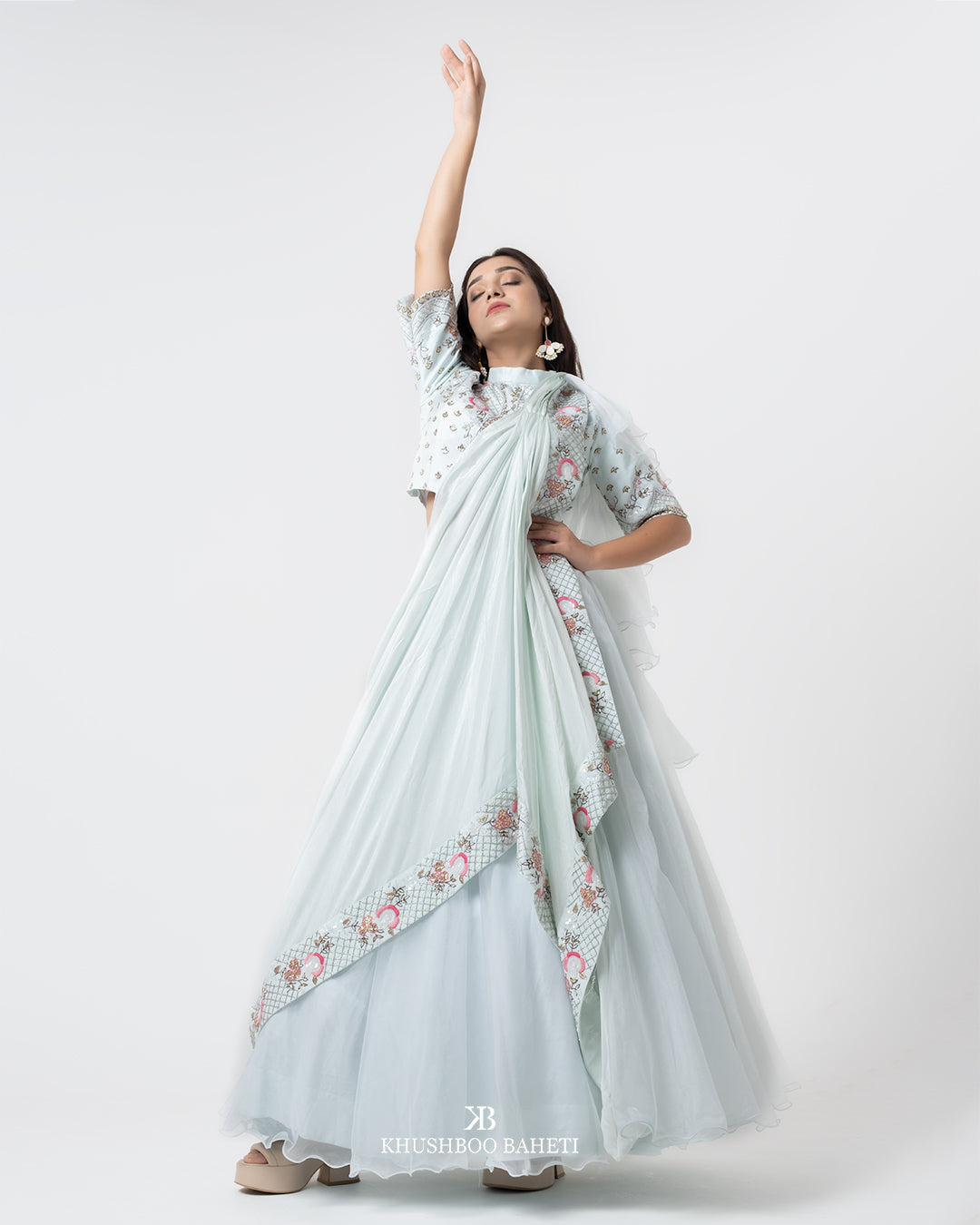 Ice Blue Hand Embroidered Drape Lehenga Set
