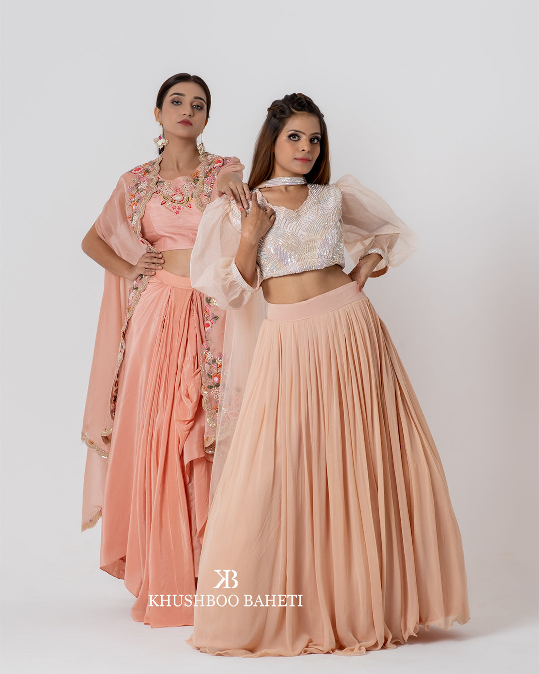 Light Peach Hand Embroidered Crop Top And Skirt Set
