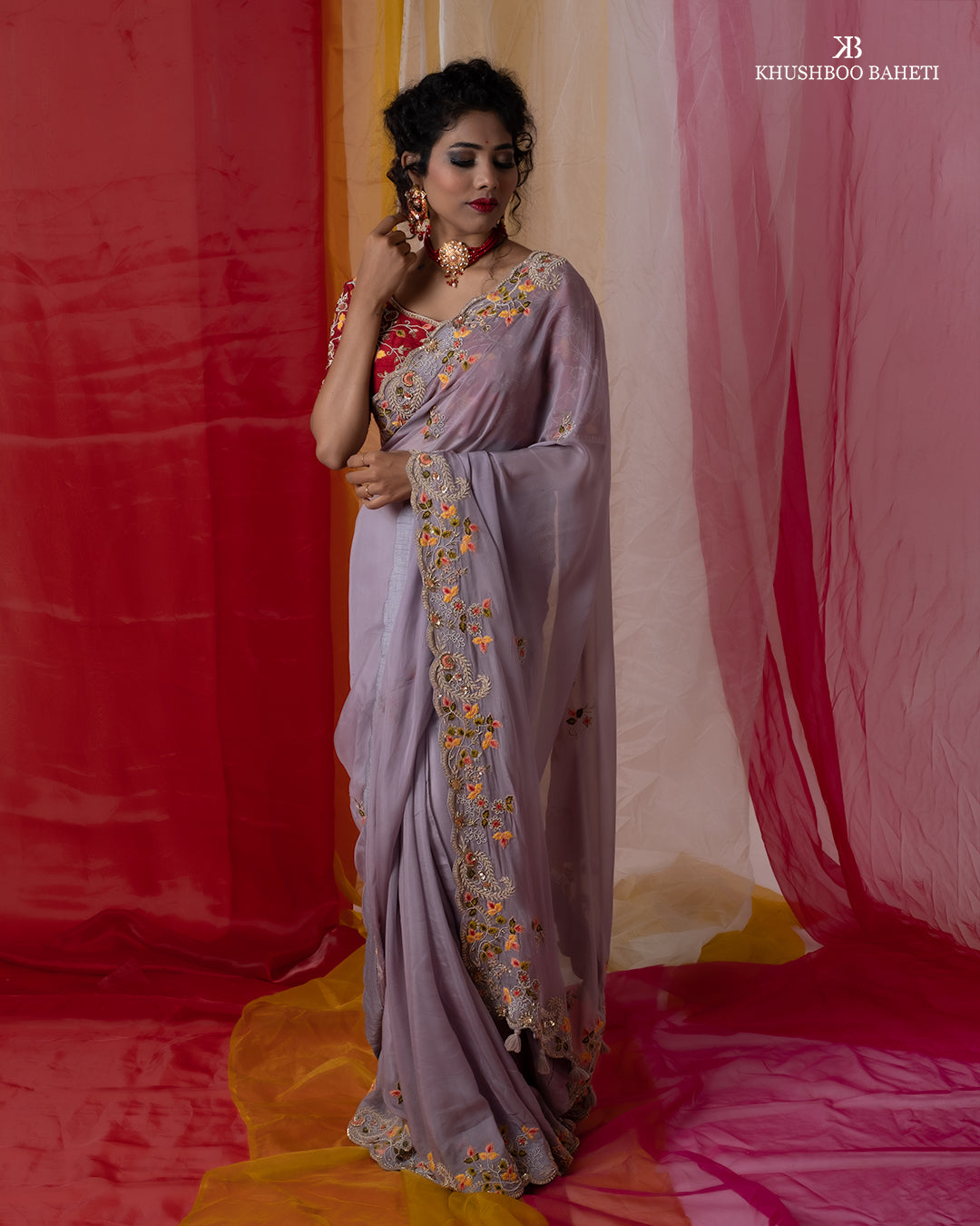 Lilac Organza Saree with Zardozi Hand Embroidery Thread Work