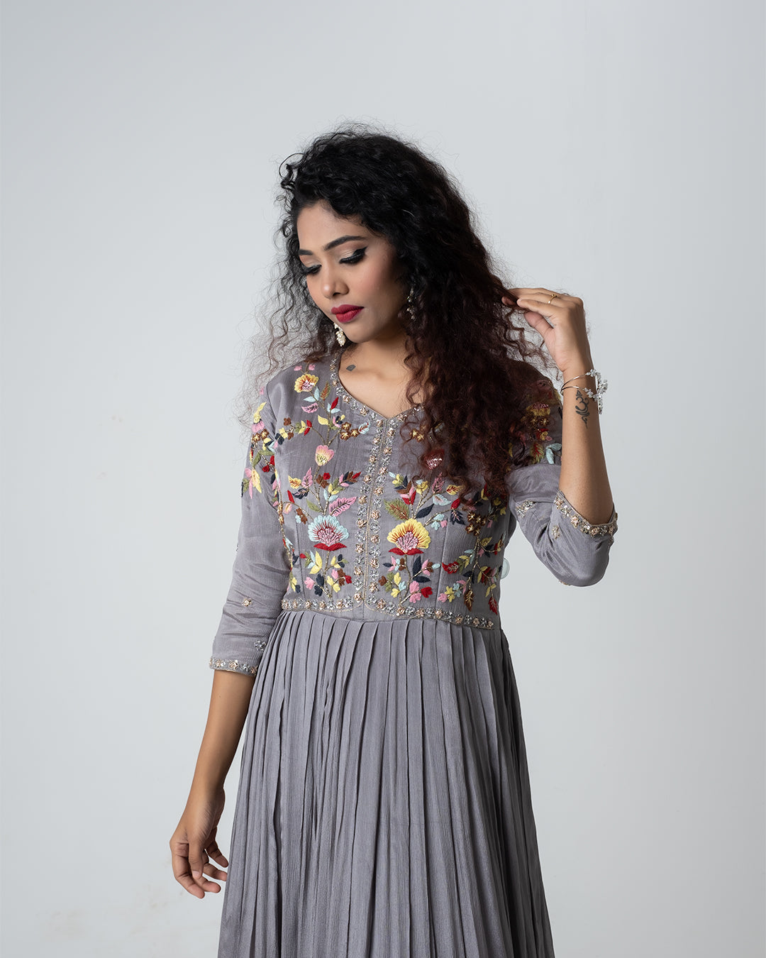 Metallic Silver Hand Embroidered Gown