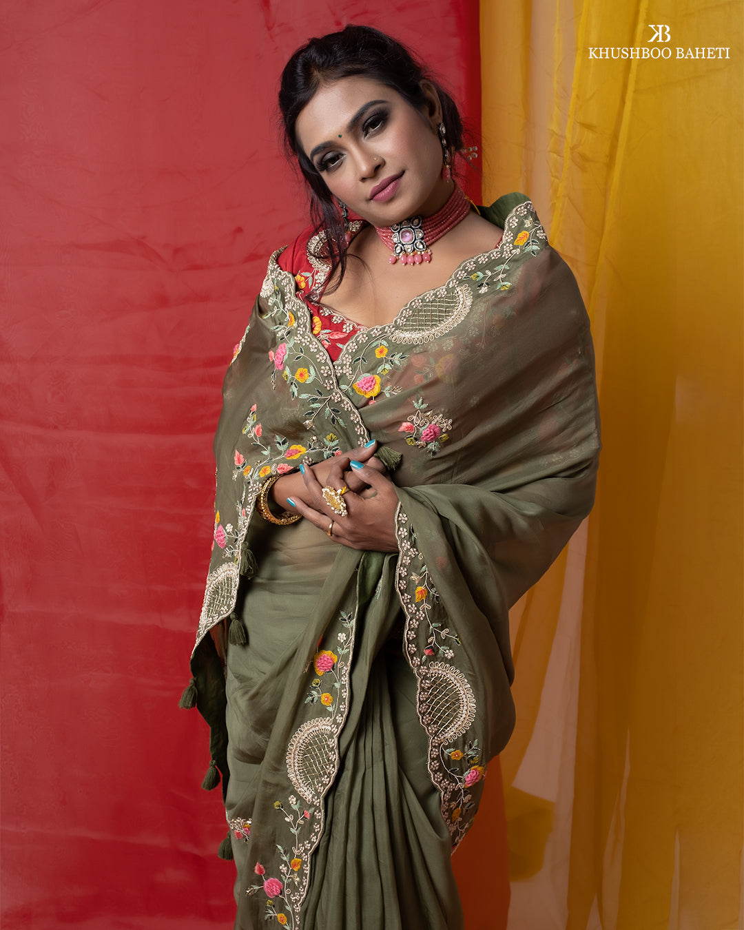 Olive Green Organza Saree with Zardozi Hand Embroidery Thread Work