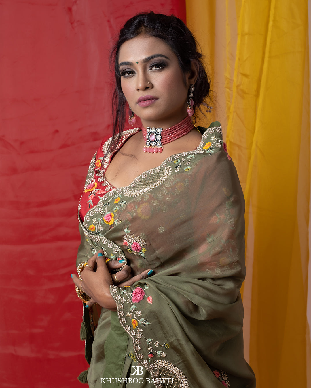 Olive Green Organza Saree with Zardozi Hand Embroidery Thread Work