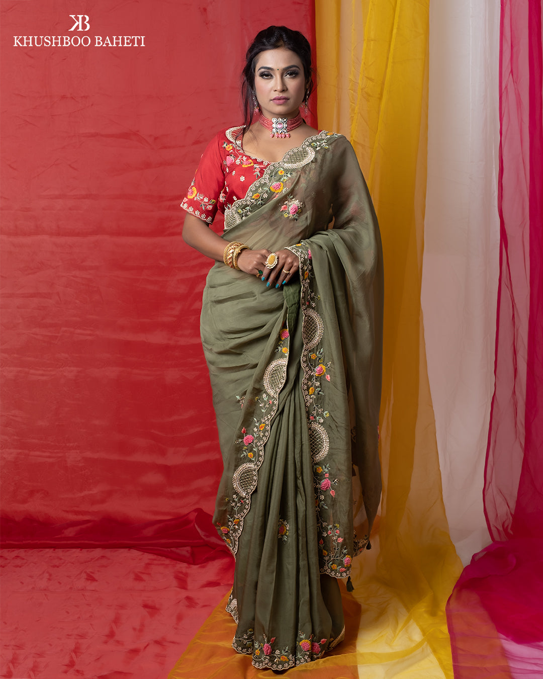 Olive Green Organza Saree with Zardozi Hand Embroidery Thread Work