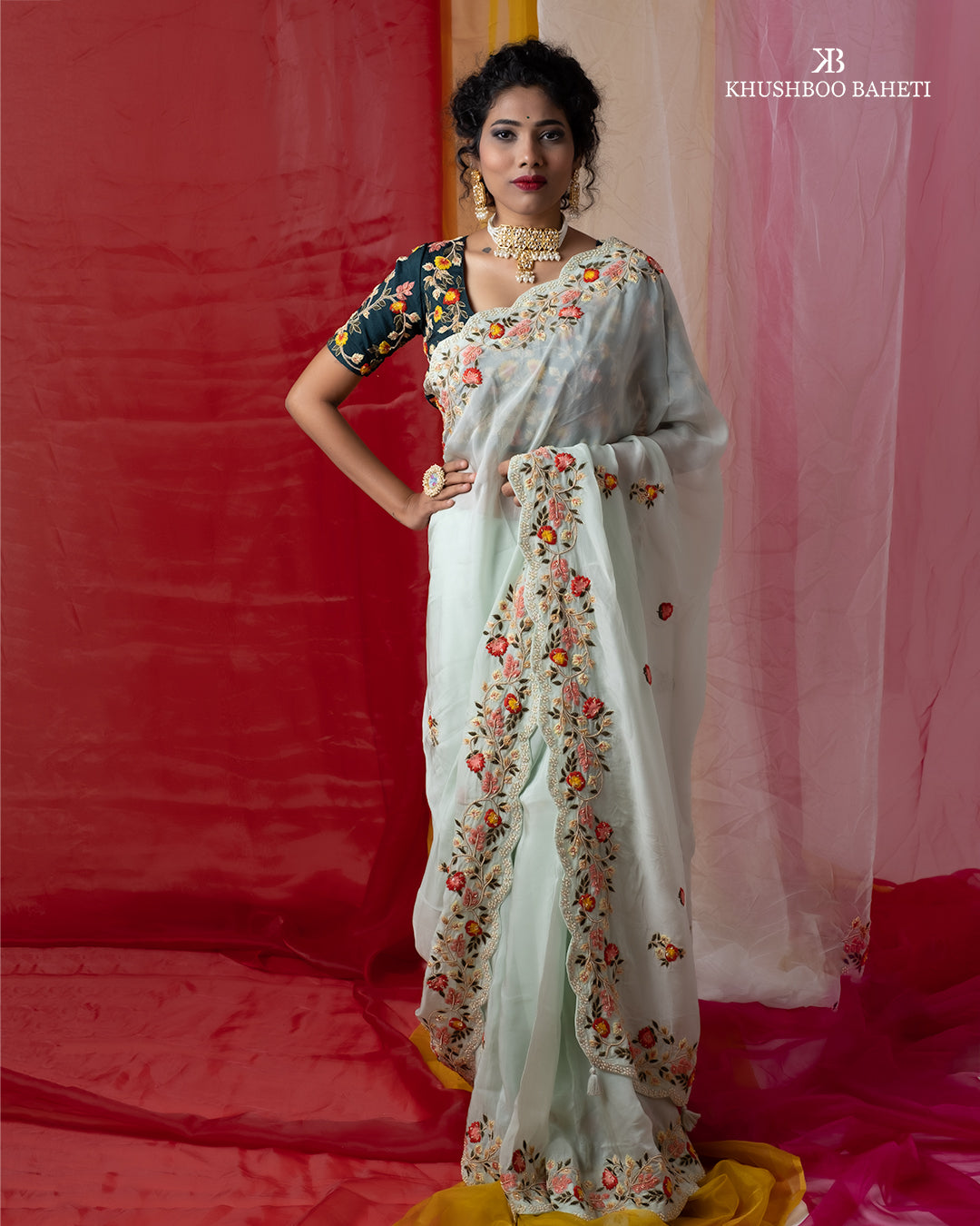 Pastel Green Saree With Zardosi Embroidery