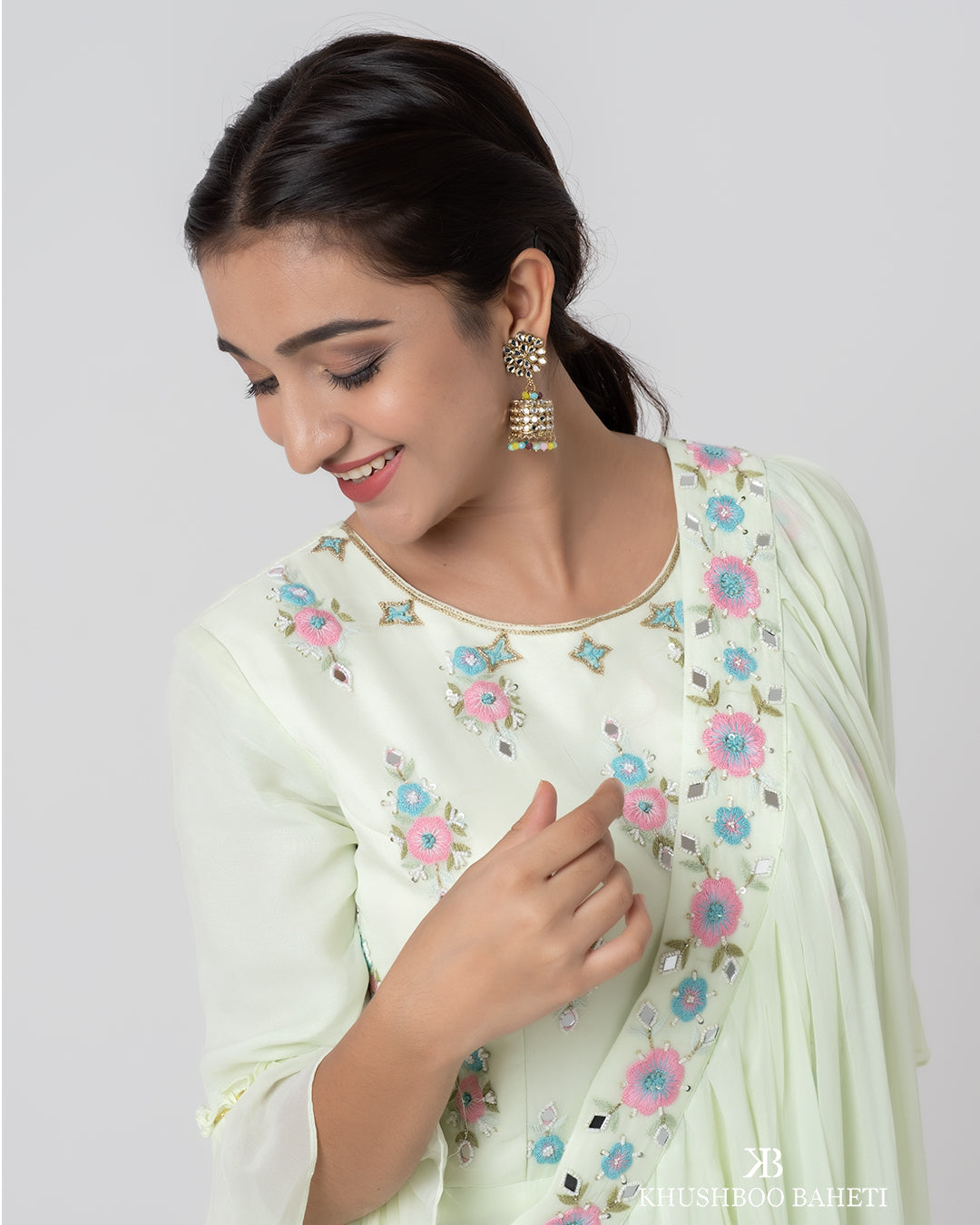 Pastel green Hand Embroidered Drape Gown Set