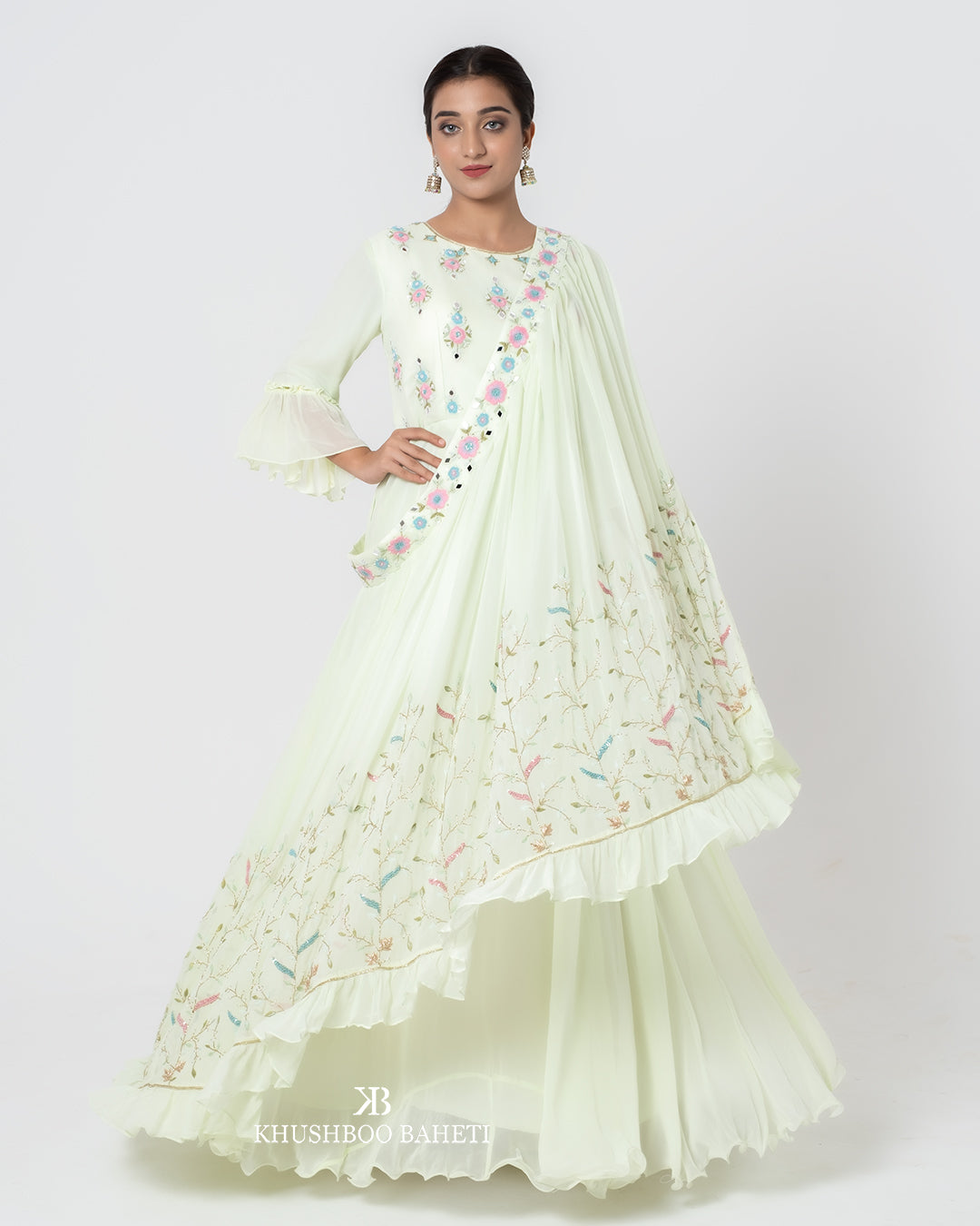 Pastel green Hand Embroidered Drape Gown Set
