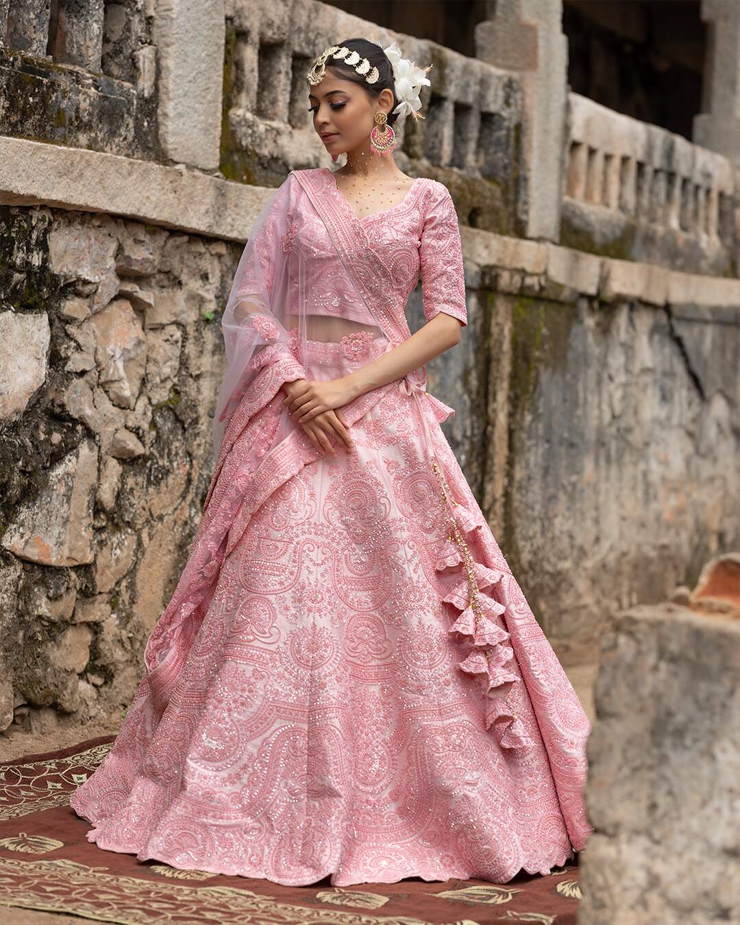 Pastle Pink Sequins Hand Embroidered Lehenga Set