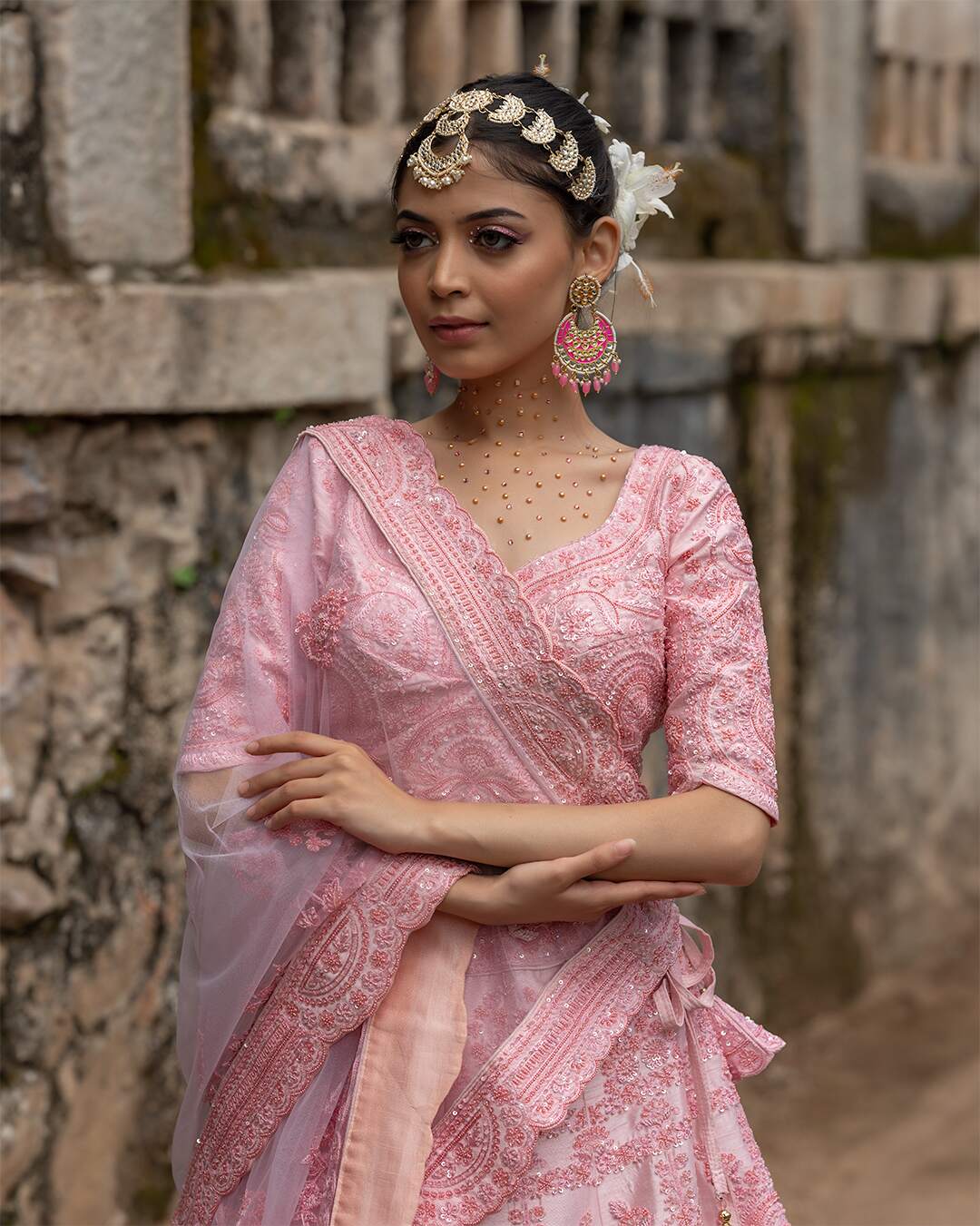 Pastle Pink Sequins Hand Embroidered Lehenga Set