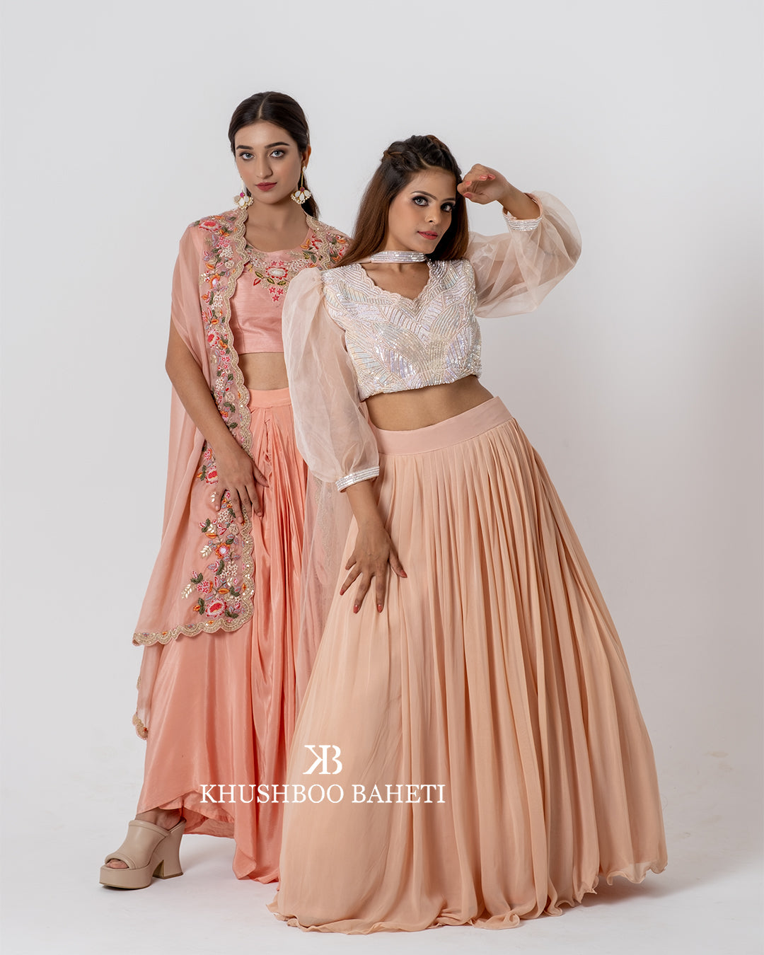 Peach Hand Embroidered Cape And Cowl Skirt Set