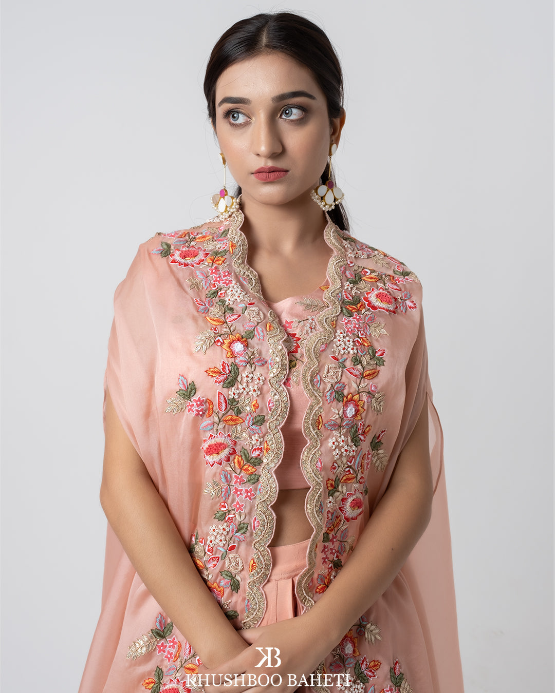 Peach Hand Embroidered Cape And Cowl Skirt Set
