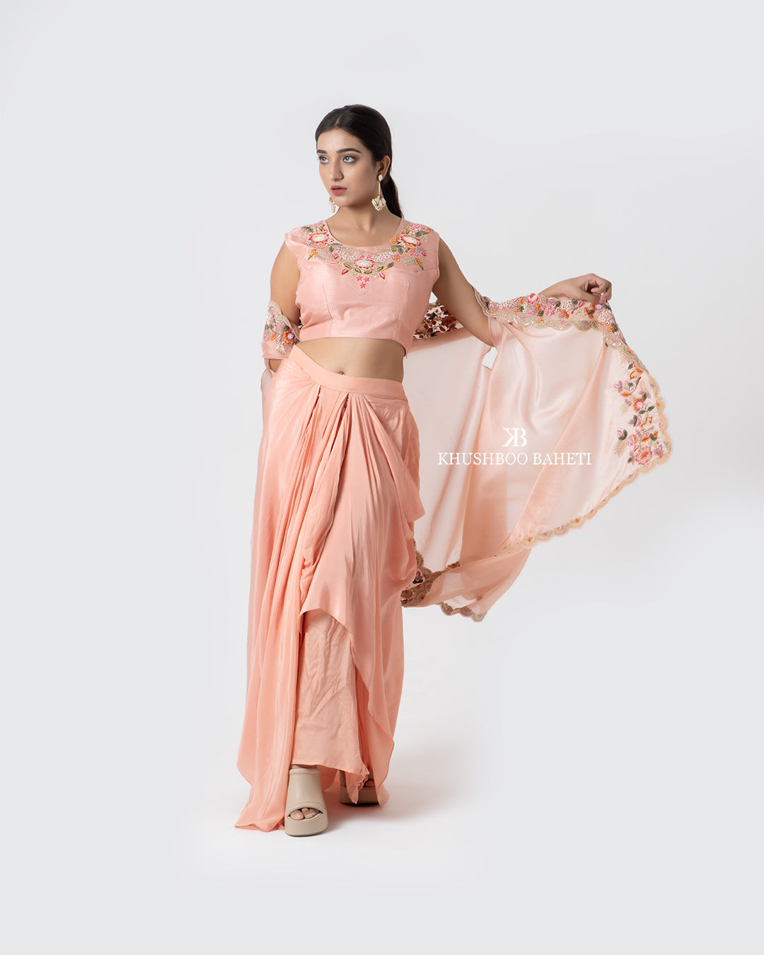Peach Hand Embroidered Cape And Cowl Skirt Set