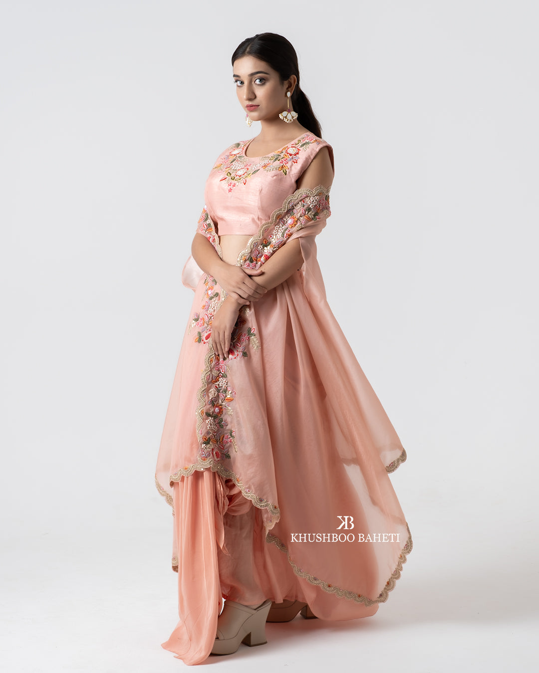 Peach Hand Embroidered Cape And Cowl Skirt Set