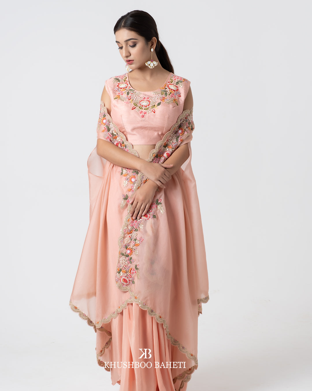 Peach Hand Embroidered Cape And Cowl Skirt Set