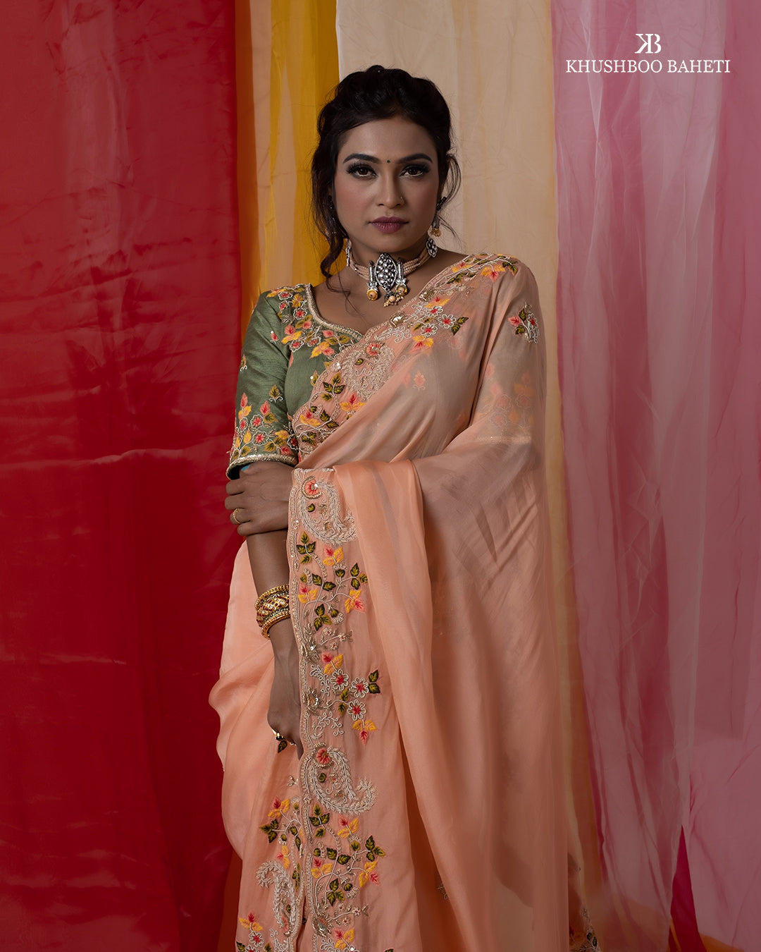 Peach Organza Saree with Zardozi Hand Embroidery Thread Work