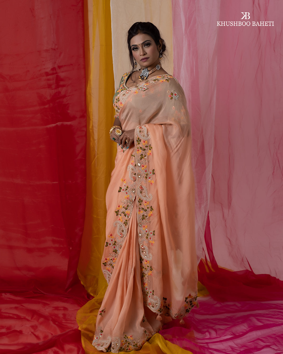 Peach Organza Saree with Zardozi Hand Embroidery Thread Work