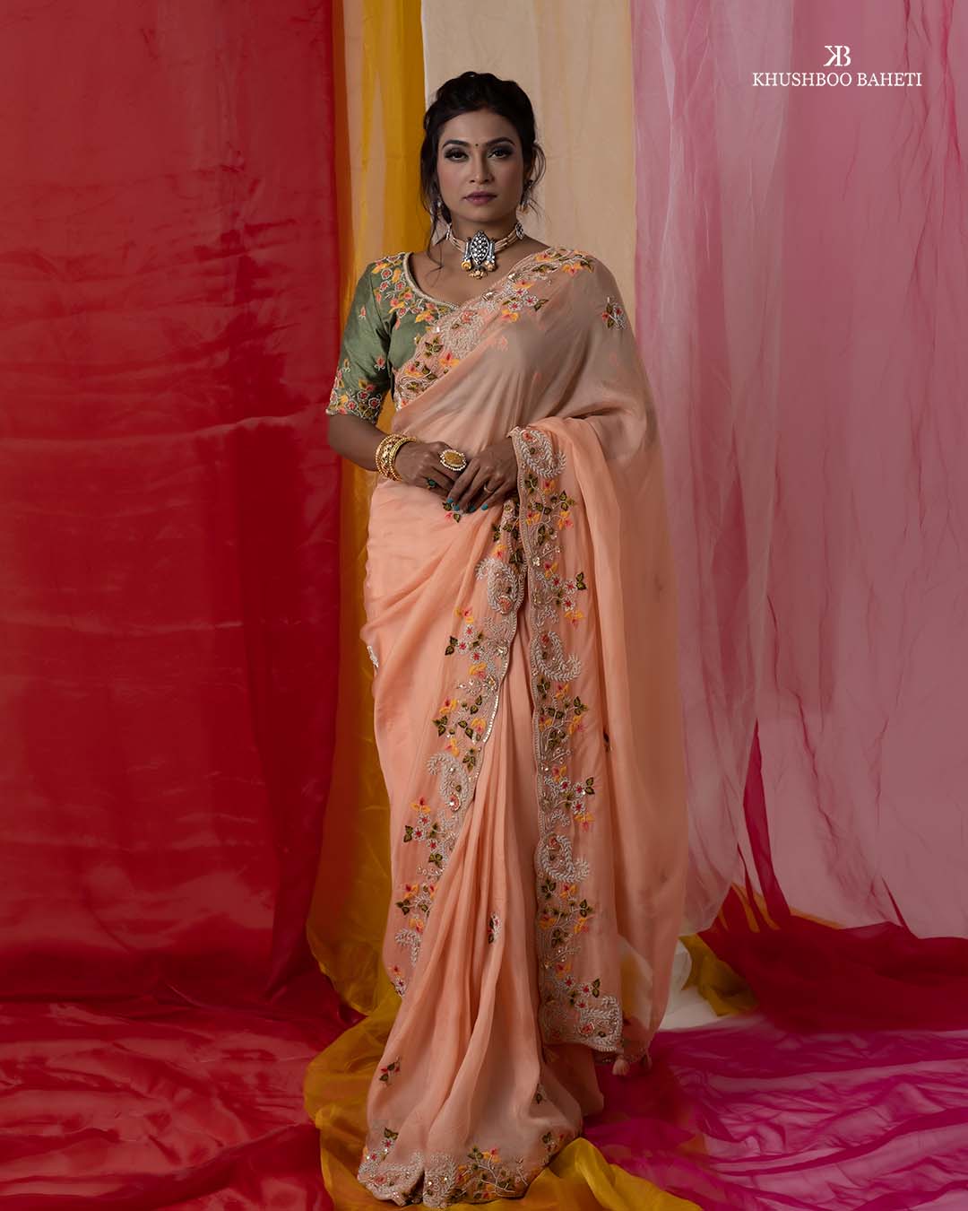 Peach Organza Saree with Zardozi Hand Embroidery Thread Work