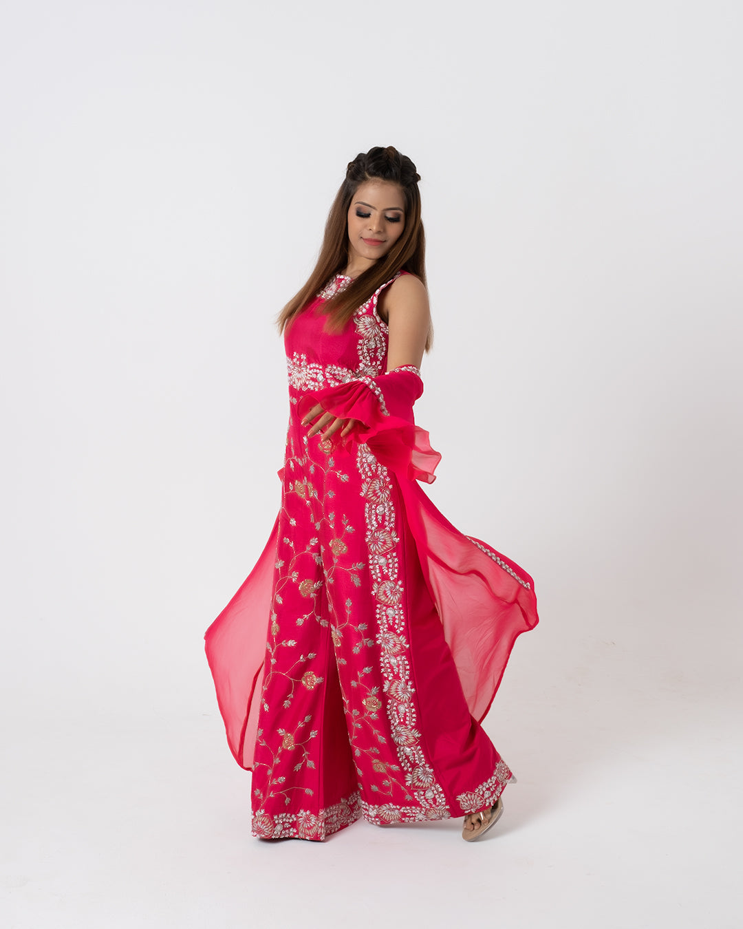 Pink Hand Embroidered Jumpsuit With Jacket