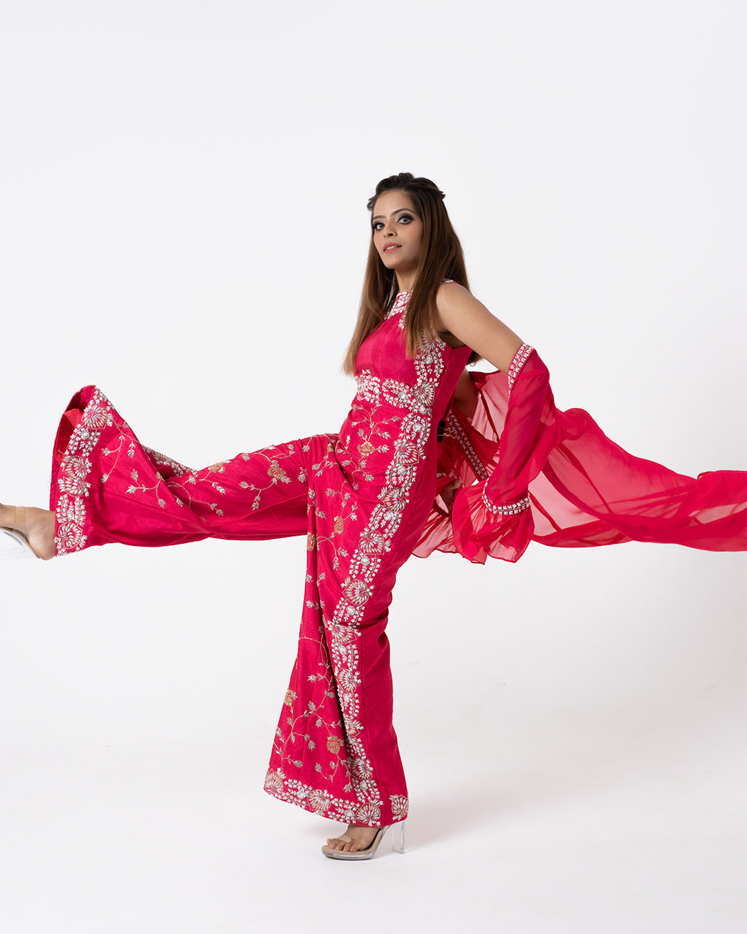 Pink Hand Embroidered Jumpsuit With Jacket