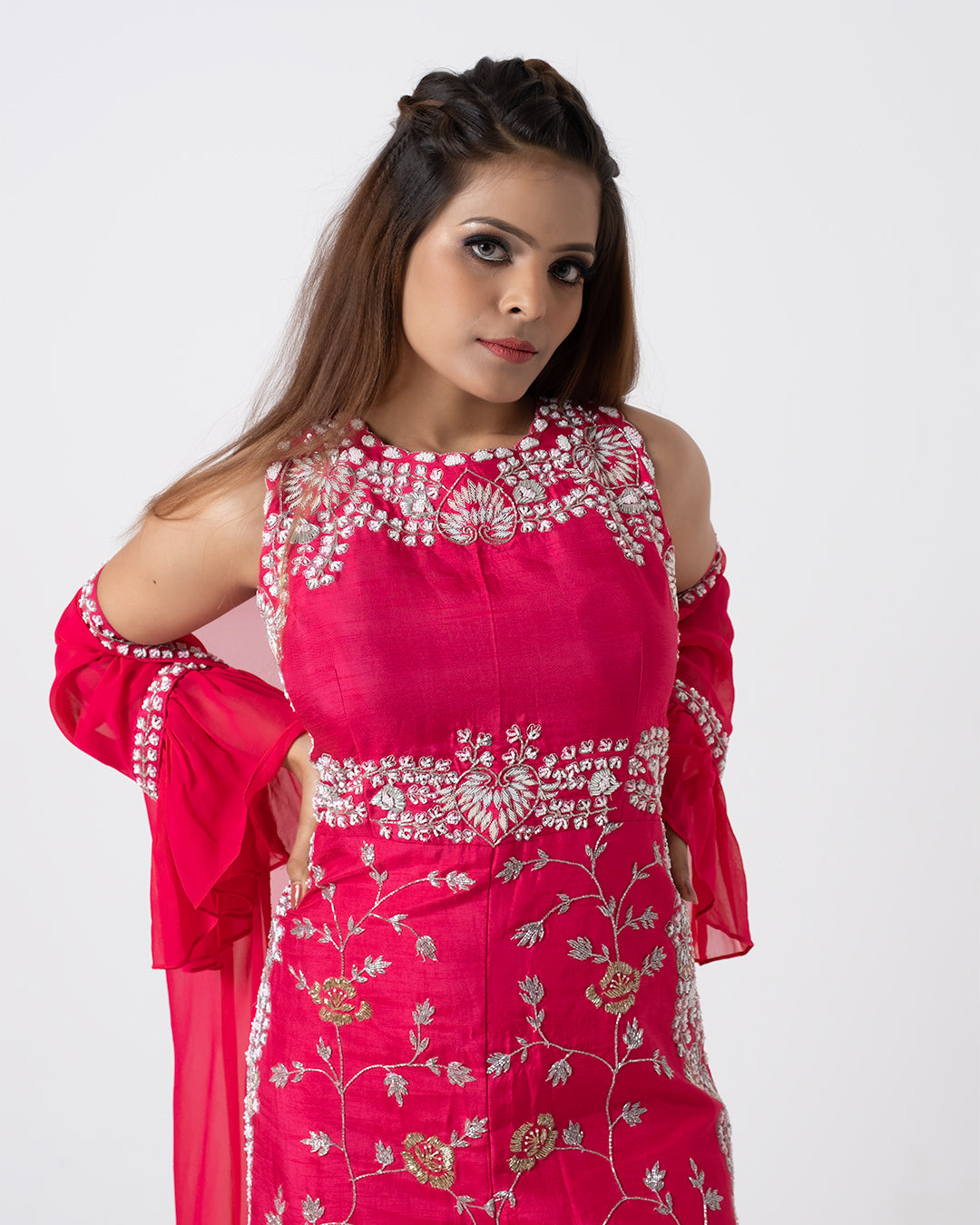 Pink Hand Embroidered Jumpsuit With Jacket