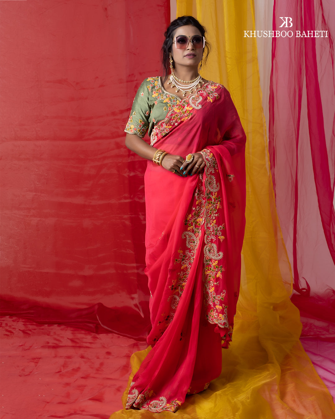 Pink Organza Saree with Zardozi Hand Embroidery Thread Work