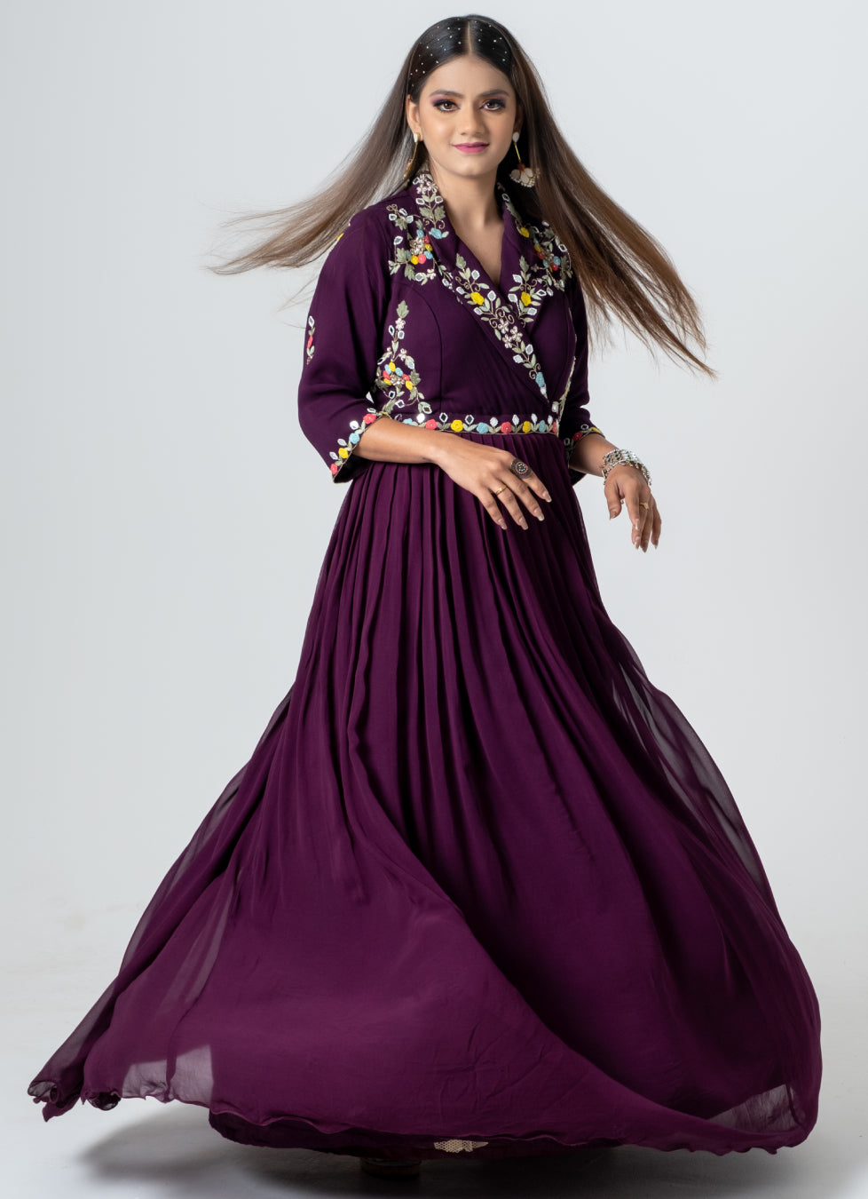 Plum Color Hand Embroidered Gown