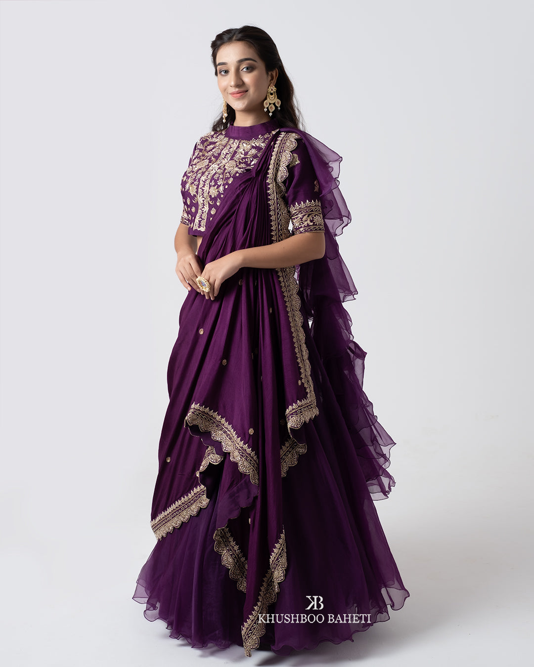 Purple Hand Embroidered Drape Lehenga Set