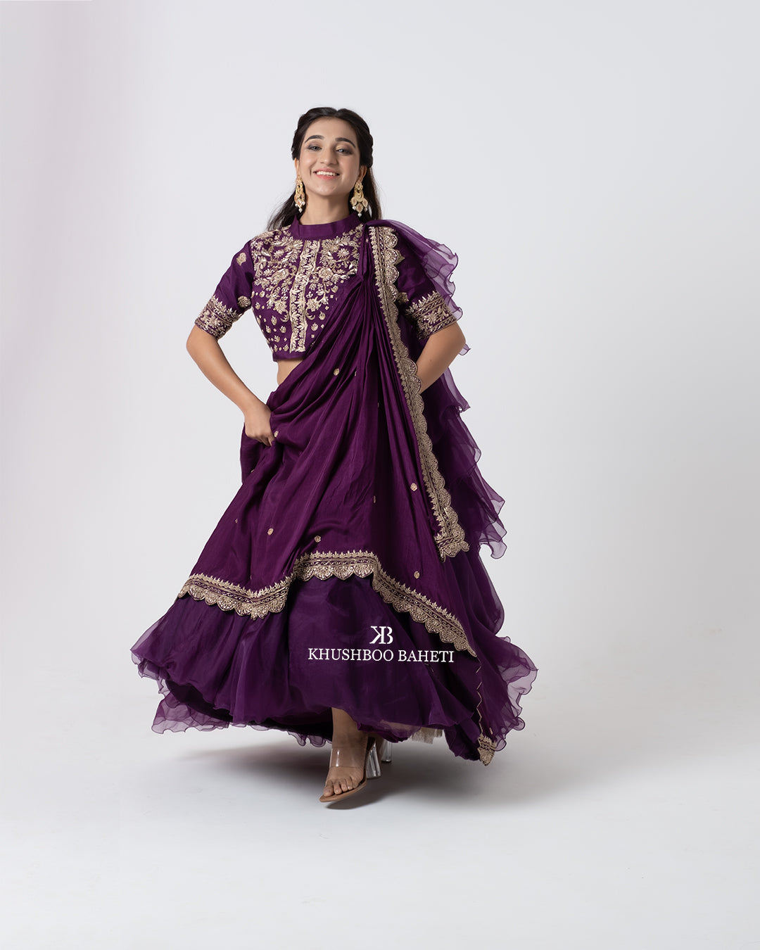 Purple Hand Embroidered Drape Lehenga Set
