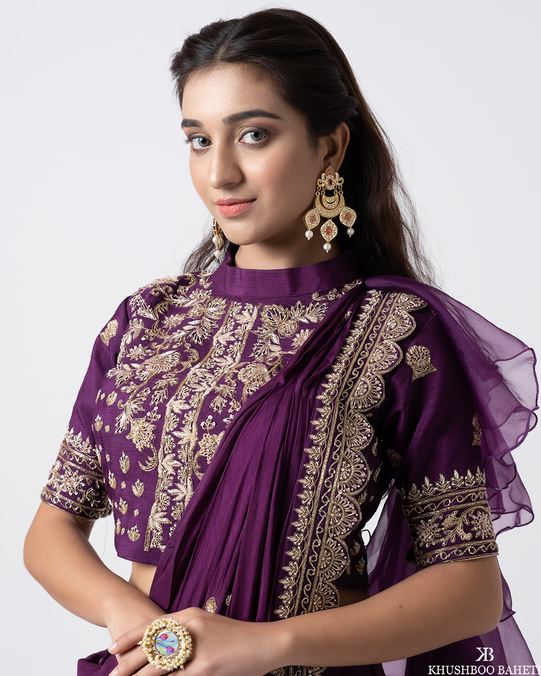 Purple Hand Embroidered Drape Lehenga Set