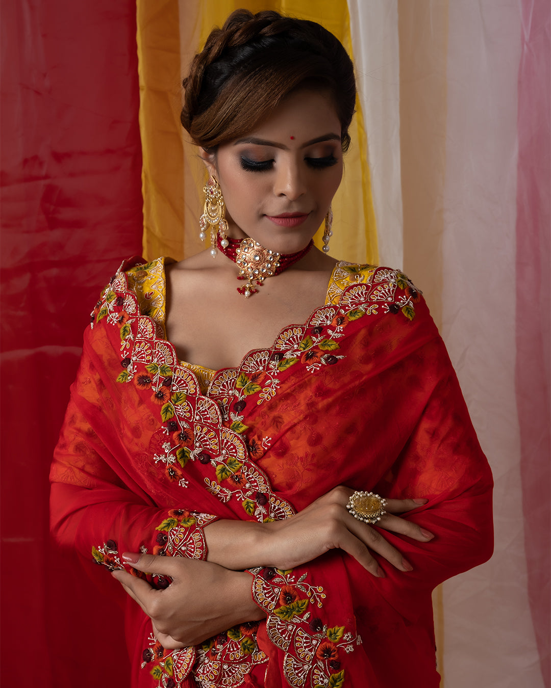 Red Organza Saree with Zardozi Hand Embroidery Thread Work
